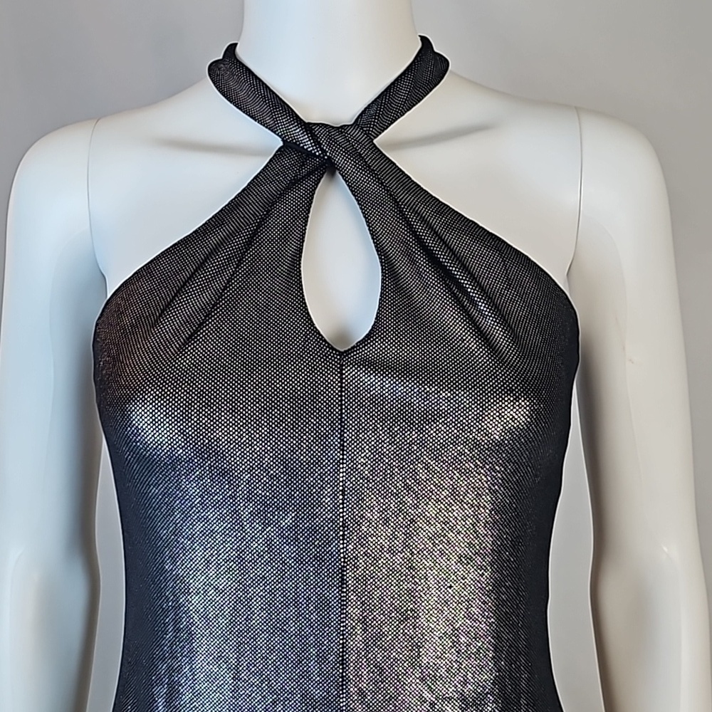 Vintage Alex Evenings Metallic Pewter Halter Back Zip Front Slit Formal … - Picture 2 of 16